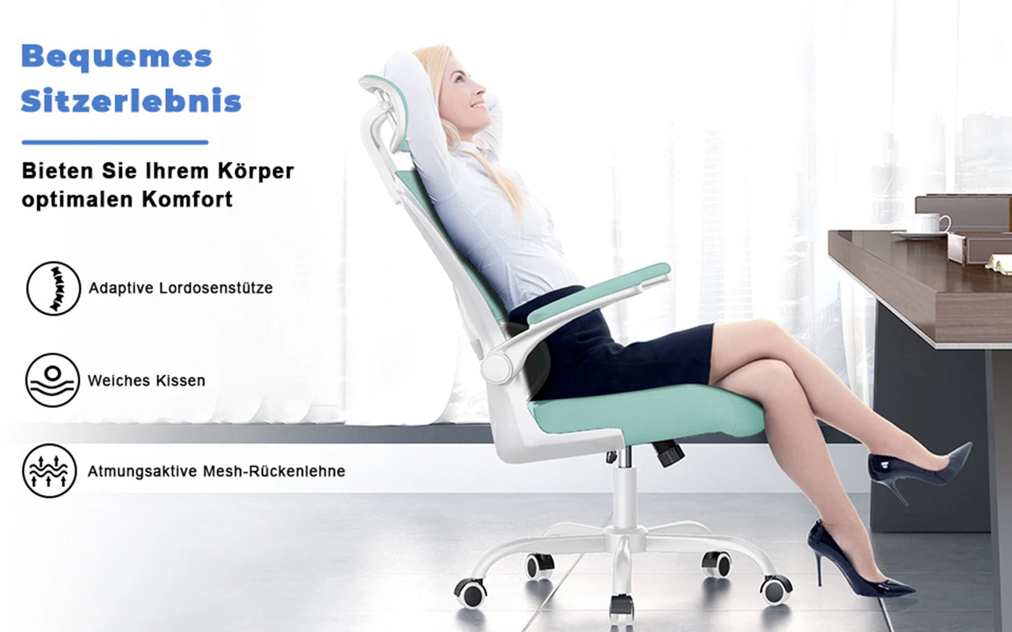 Ergonomic Office Chair, Desk Chair with Folding Armrests, Height-Adjustable, Breathable Backrest, Swivel Chair 360°