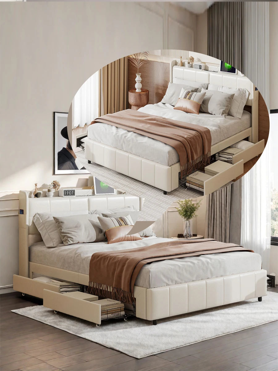 WoodenAura Doppeltes Polsterbett 140x200CM mit 4 Schubladen für die Lagerung, Rückenlehne mit Lagerung und Lattenrost, PU-Leder