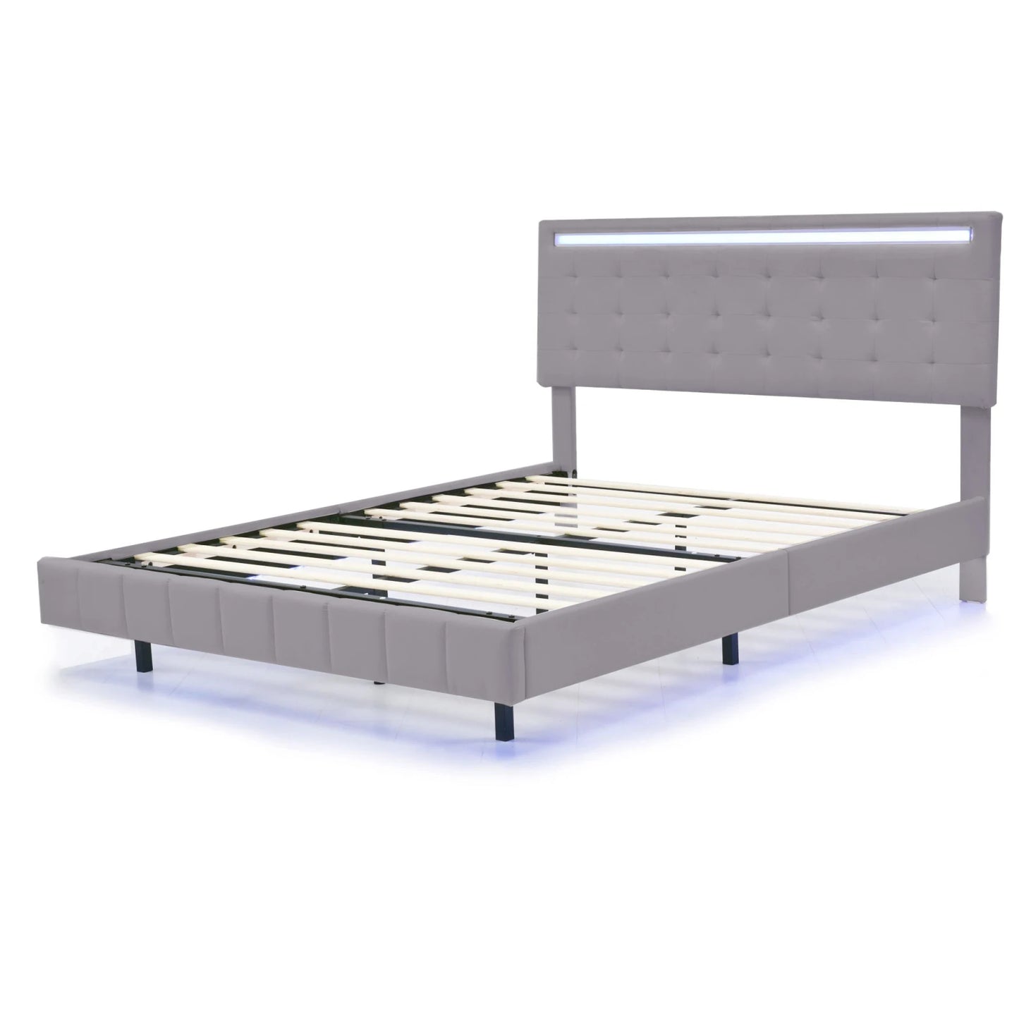 Rosahqnda Polsterbett 140/160x200cm, Doppelbett mit LED, 2 USB, schwebender Bettrahmen, Holzlattenrost, graues Leinen