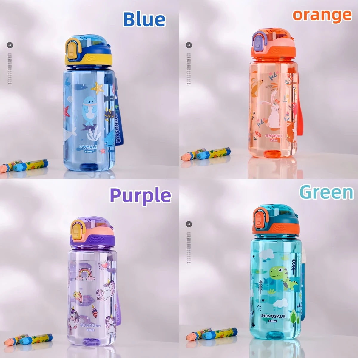 600ml Dinosaur Water Bottle For Kids Water Sippy Cup With Silicone Straw Leakproof Plastic Water Bottles Summer Kids Water Cup.