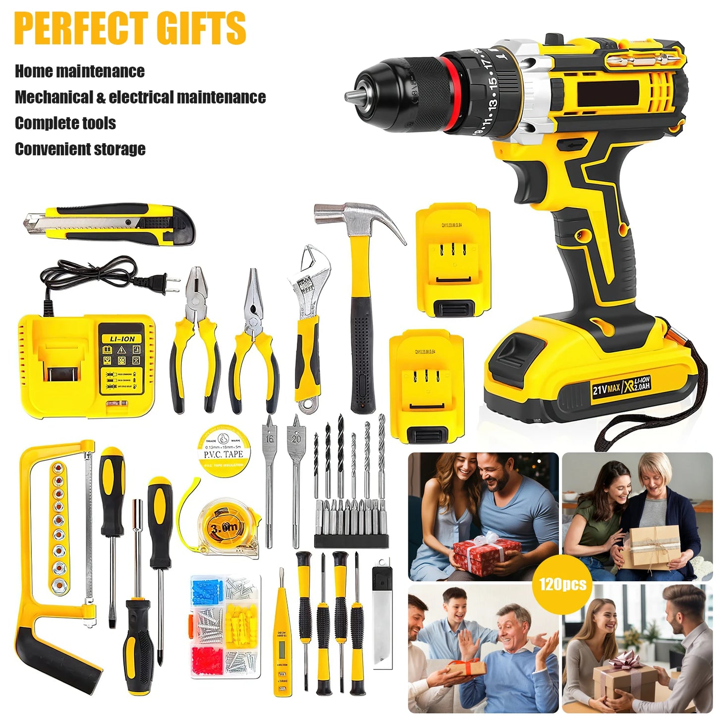 21V45Nm Akku-Bohrschrauber-Set, 120 Stück, mit Schlagschrauber, Metall-Schlüsselloses Bohrfutter, 3828 Positionskupplung für DIY-Profi-Werkzeugsatz