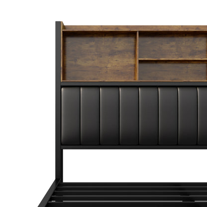 Rosahqnda Doppelbett aus Eisen, Rahmen mit LED, USB und Schubladen, gepolstertes Bett, 140–160–180 x 200 cm, Stauraum, Kopfteil, Jugendbett, PU, Schwarz