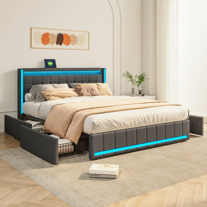 Polsterbett 140x200 cm,LED Doppelbett mit 4 Schubladen und Lattenrost,Kopfteil mit stauraum und USB-Ladefunktion,Bettgestell
