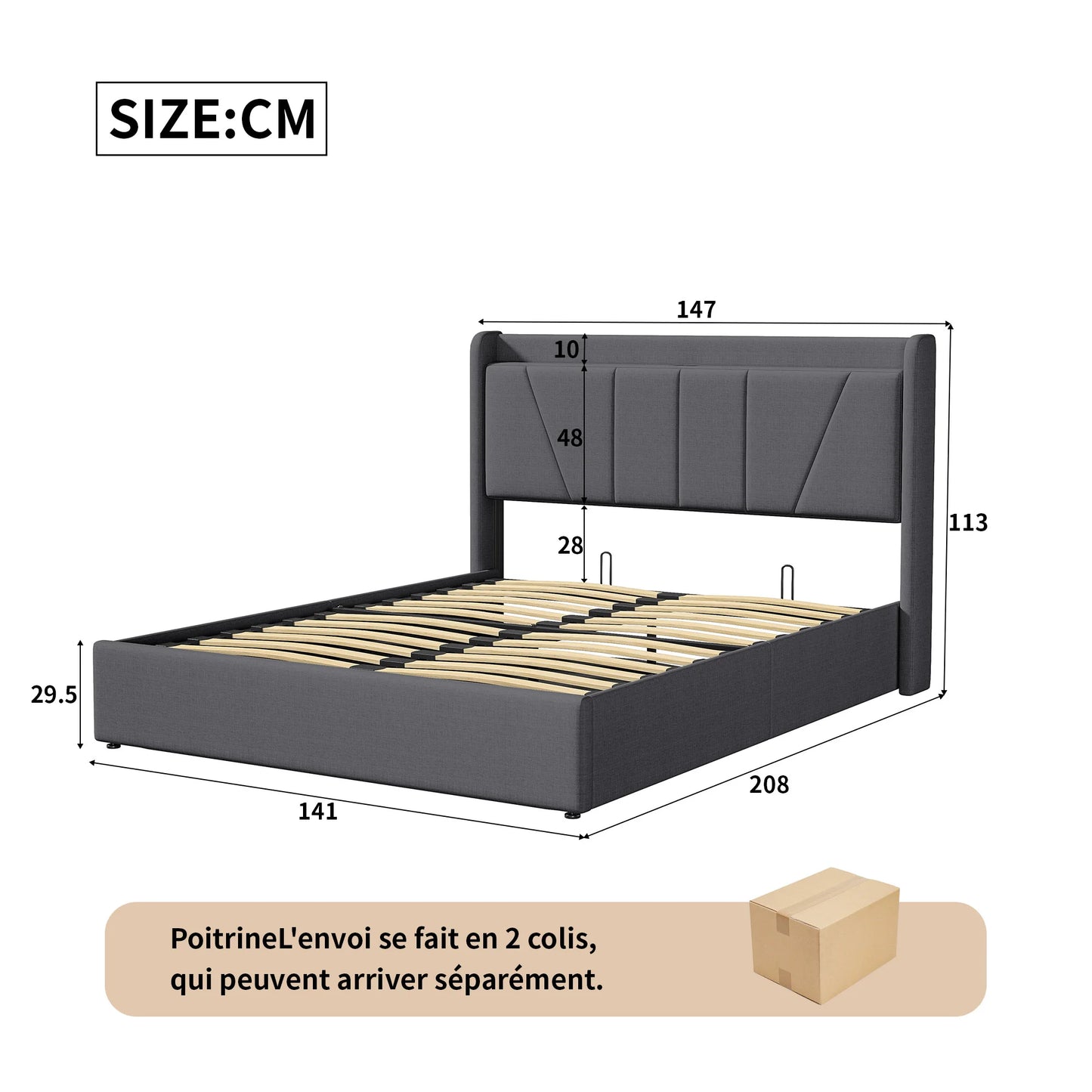 Rosahqnda Gepolsterter Doppelbettrahmen 140-160x200 cm Leinen USB-Hydraulikbett mit Stauraum Gästebett Schlafzimmer