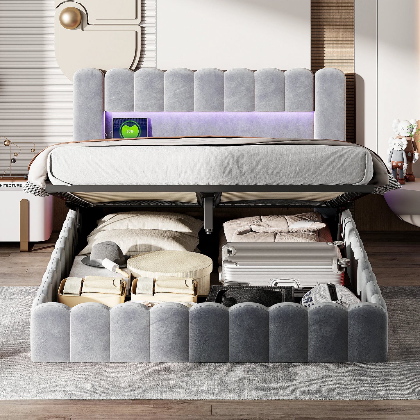 Rosahqnda Hydraulisches Doppelbett 180 x 200 cm, LED & USB Bett mit Stauraum, gepolstertes Gästebett, Jugendbett, Samt