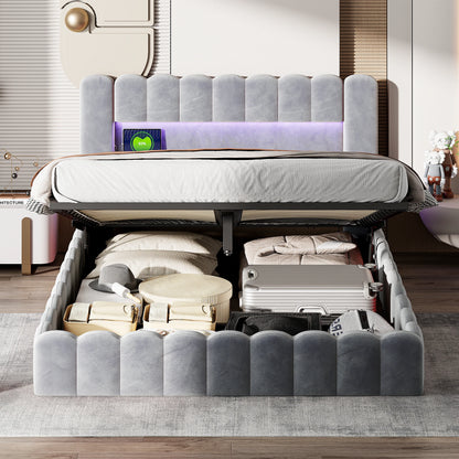 Rosahqnda Hydraulisches Doppelbett 180 x 200 cm, LED & USB Bett mit Stauraum, gepolstertes Gästebett, Jugendbett, Samt