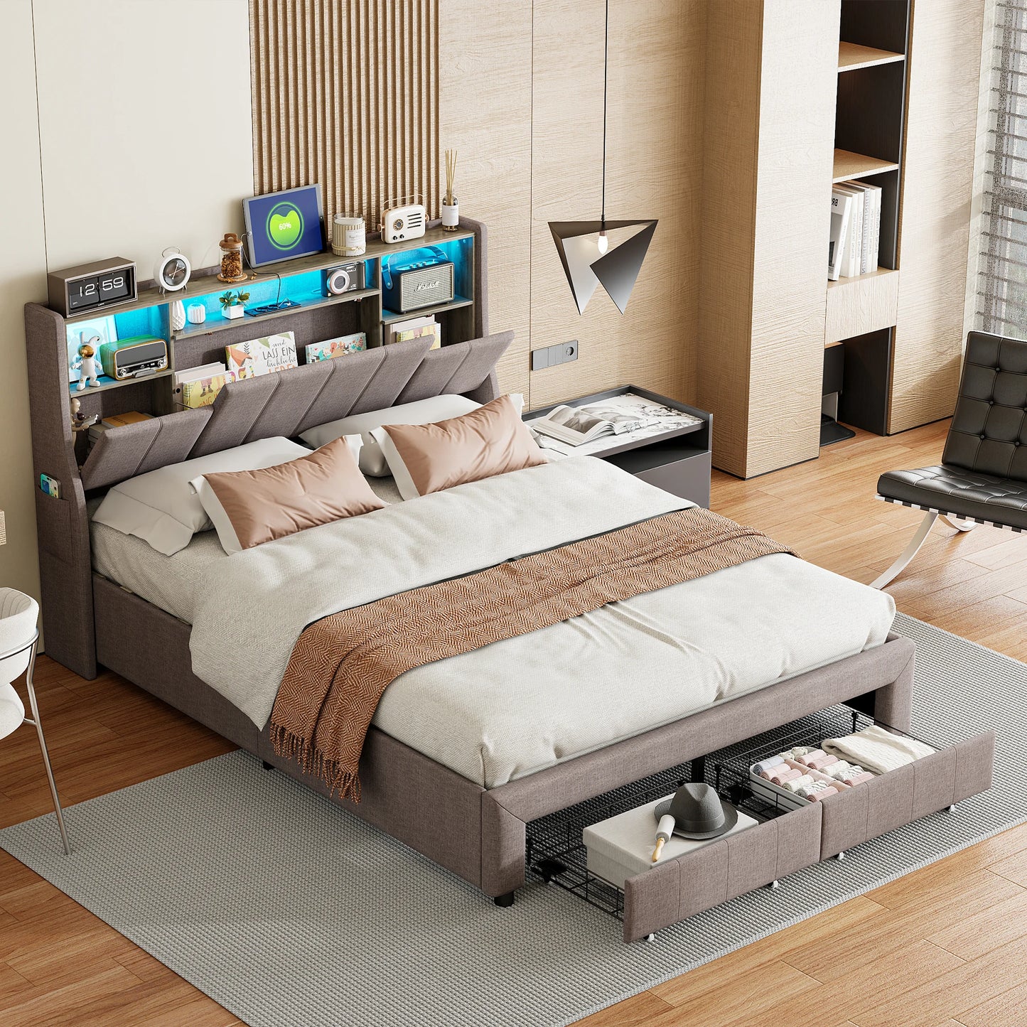 Rosahqnda gepolstertes Doppelbett, 140–160 x 200 cm, Stauraum, Kopfteil, Funktionsbett mit LED, USB und Schubladen, Jugendbett für Erwachsene, Leinengrau