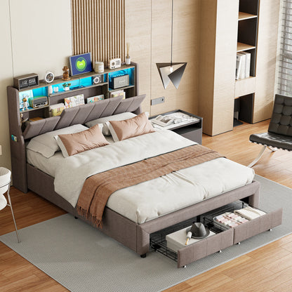 Rosahqnda Polsterbett 140/160 x 200 cm mit LED, USB, Schubladen, Kopfteil mit Stauraum, Gästebett, Wohnmännerbett, Leinen für Erwachsene/Teenager,