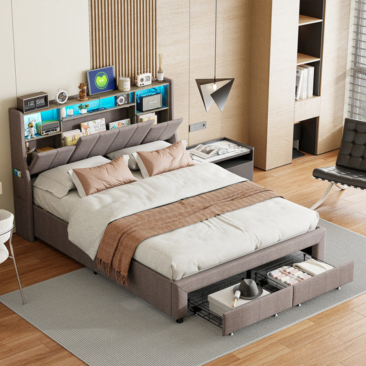 Rosahqnda Polsterbett 140/160 x 200 cm mit LED, USB, Schubladen, Kopfteil mit Stauraum, Gästebett, Wohnmännerbett, Leinen für Erwachsene/Teenager,