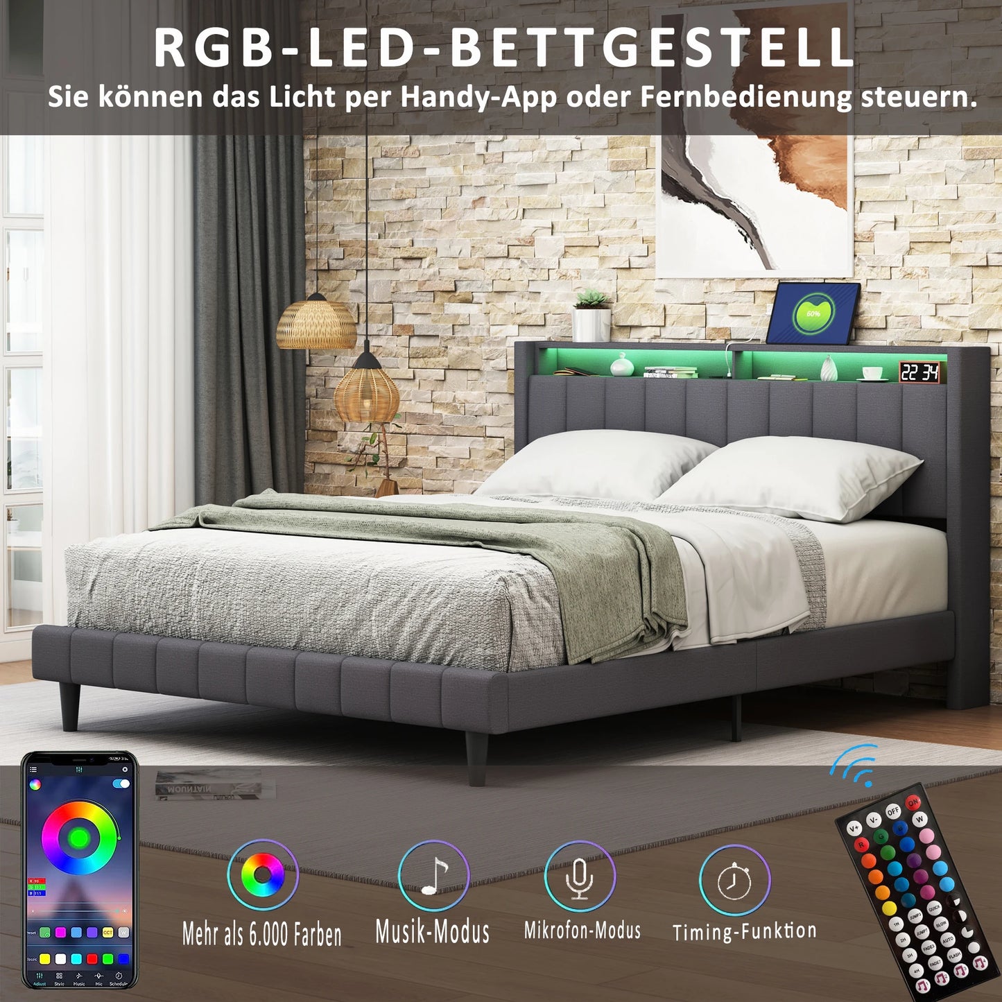WoodenAura Polsterbett 140×200 cm, Doppelbett mit Stauraum-Kopfteil und Lattenrost, Jugendbett mit LED-Licht und USB-Anschluss