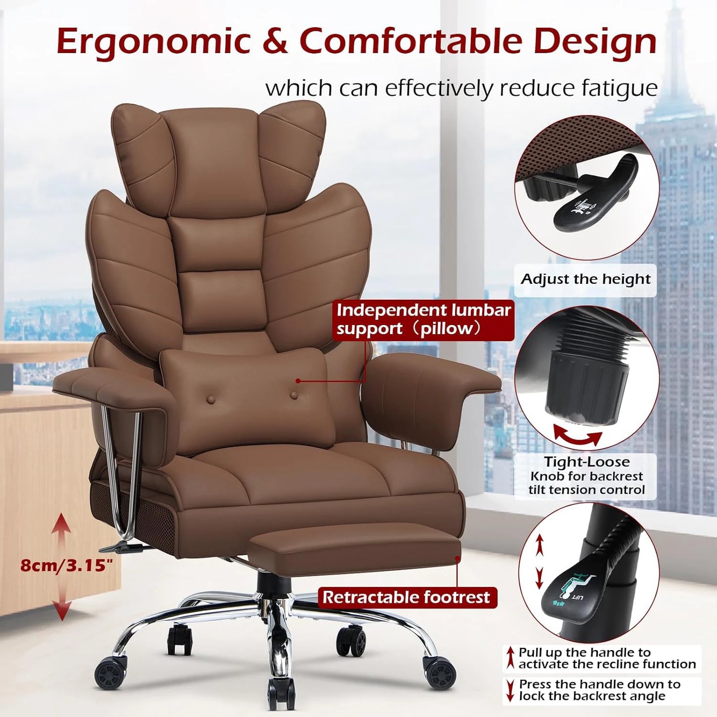 Desk Chairs Ergonomic Office Chair PU Leather Computer Chairs Adjustable Big High Back Executive Chair Swivel Chair