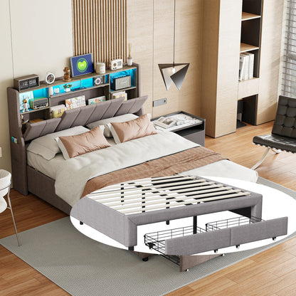 Upholstered Bed 160 x 200 cm, Bed Frame with LED Lights, USB Ports and Storage Headboard, Double Bed, Guest Bed, Teenager's Bed