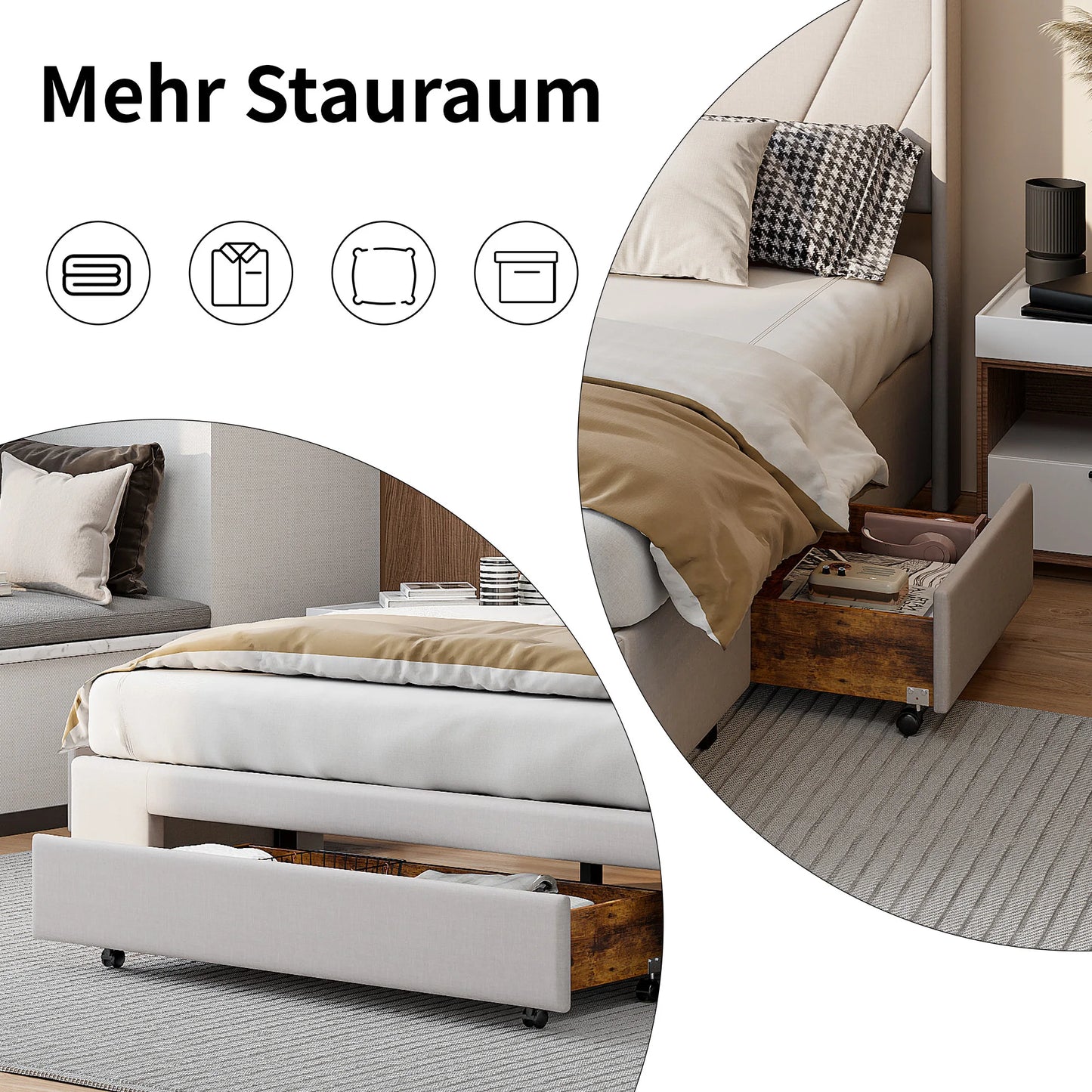 UrbanLuxe Doppelbett 160x200 cm mit 3 Schubladen, Bett mit Stauraum, Lattenrost, Bettgestell, Leinen, Beige, ohne Matratze