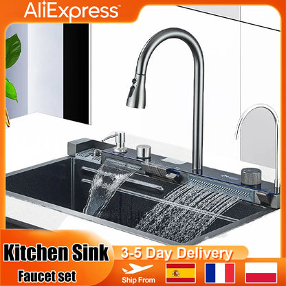 Wasserfall-Küchenspüle aus Edelstahl 304, großes Einzelschlitz-Wasserhahn-Set mit integrierter Digitalanzeige, Seifenspender, Tassenwascher