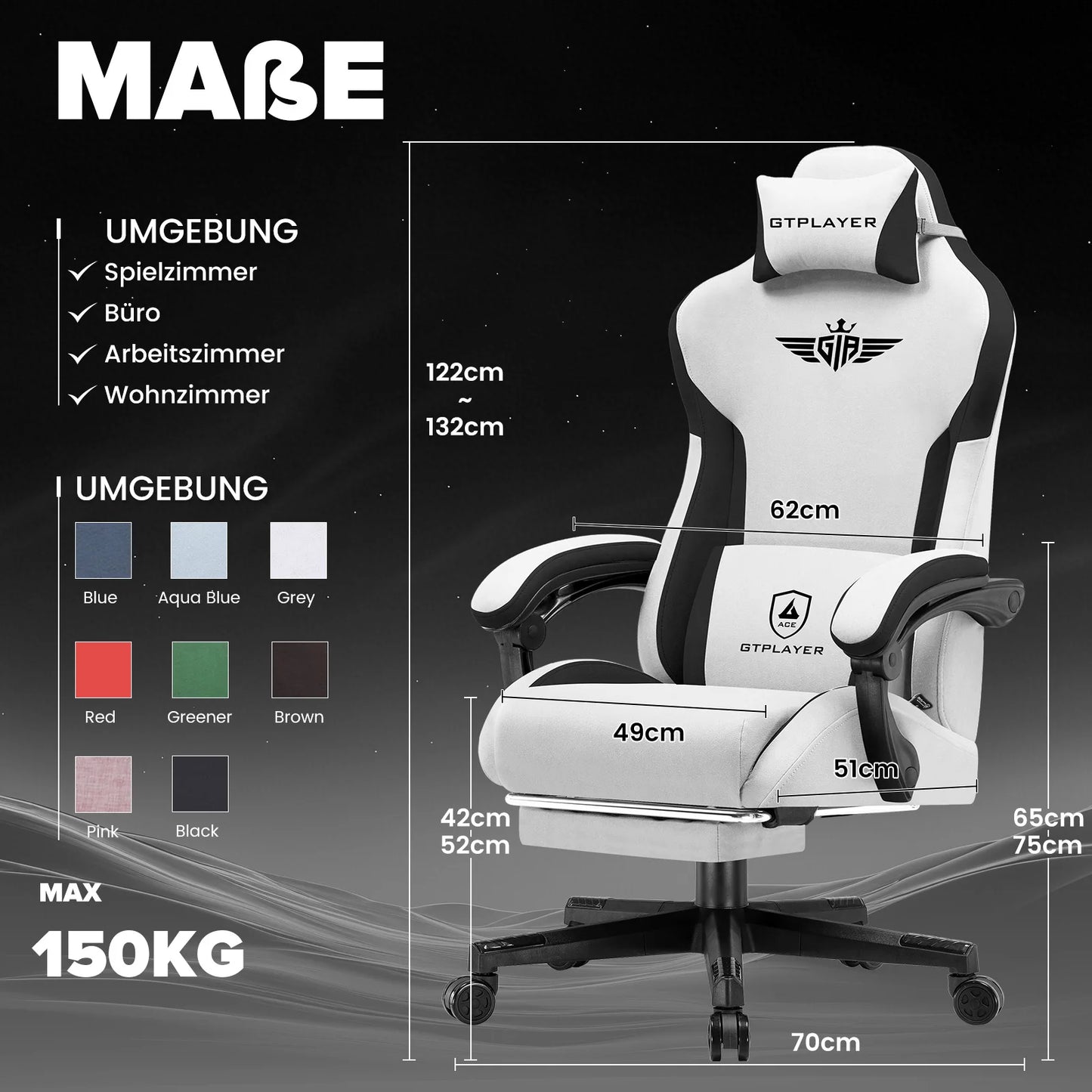 GTPLAYER Gaming Stuhl, Ergonomischer Gamer Stuhl aus Stoff mit Lendenwirbelstütze, PC-Stuhl mit verbreiterter Rückenlehne