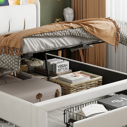 Rosahqnda Doppelbett mit USB, Schublade und Kopfteil, gepolstertes Bett, Luftdruckbett, 140–160 x 200 cm, Samt, Beige