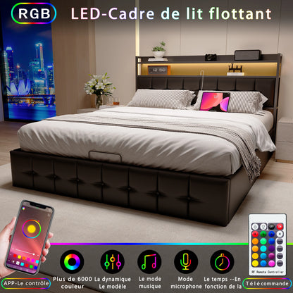 Rosahqnda Polsterbett 140 x 190 cm Doppelbett mit LED und USB, gepolsterter Bettrahmen mit Kopfteil und Lattenrost, Höhe 32 cm