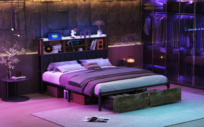 Rosahqnda Doppelbett aus Eisen, Rahmen mit LED, USB und Schubladen, gepolstertes Bett, 140–160–180 x 200 cm, Stauraum, Kopfteil, Jugendbett, PU, Schwarz