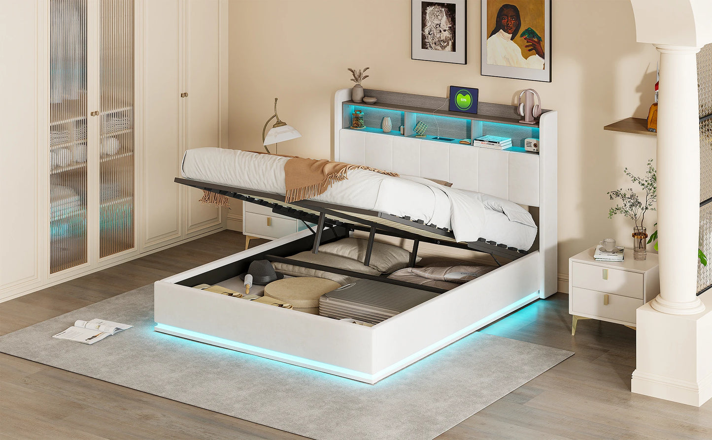 Rosahqnda Polsterbett, Hydraulisches Doppelbett mit LED-Lichtleiste und großem Stauraum, 140-160 x 200 cm, Weiß/Grau