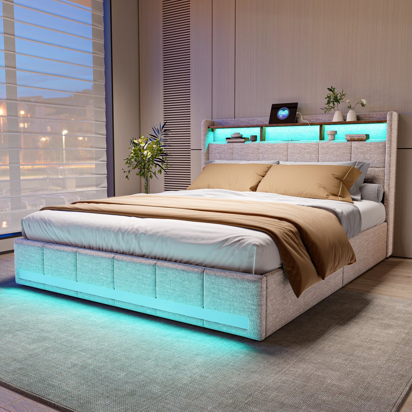 Rosahqnda Modernes Doppelbett mit Schubladen, einzigartiges Polsterbett, mit Ladeanschluss, Bettrahmen mit Stauraum