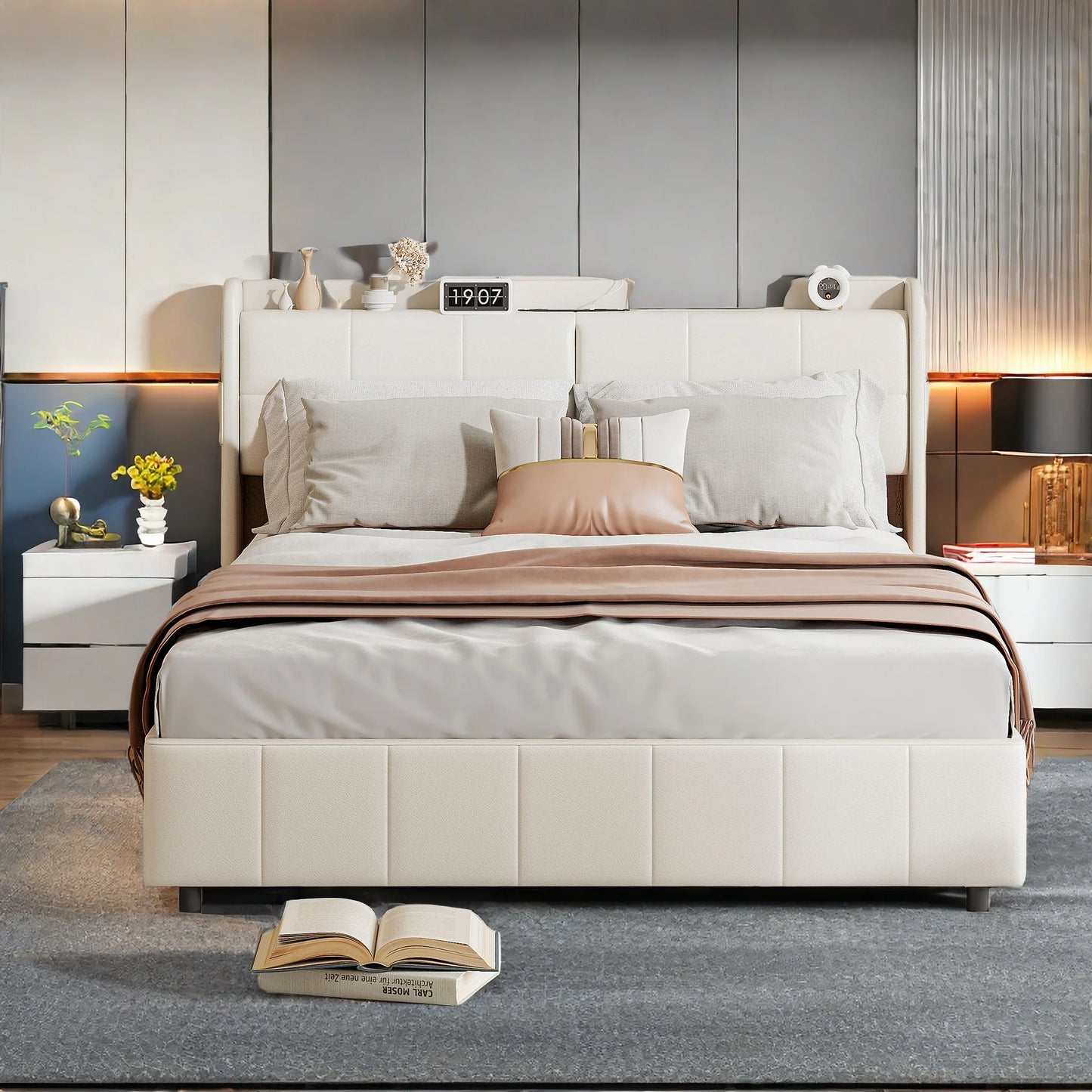 WoodenAura Doppeltes Polsterbett 140x200CM mit 4 Schubladen für die Lagerung, Rückenlehne mit Lagerung und Lattenrost, PU-Leder