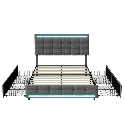 Rosahqnda Polsterbett mit 4 Schubladen und 2 USB-Anschlüssen, Bettrahmen mit LED-Leuchten, Kopfteil, Fußteil und Stauraum