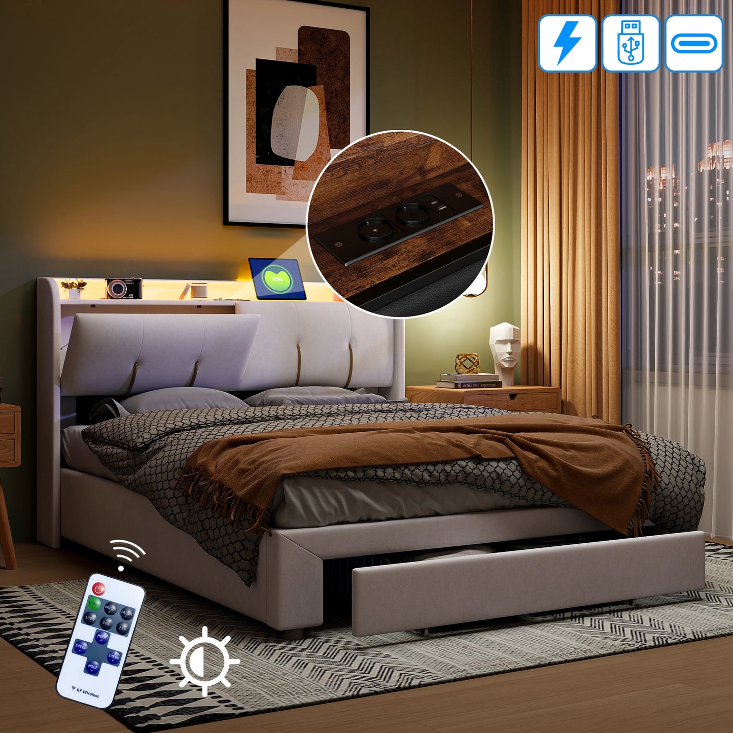 Rosahqnda Doppelbett mit USB, Schublade und Kopfteil, gepolstertes Bett, Luftdruckbett, 140–160 x 200 cm, Samt, Beige