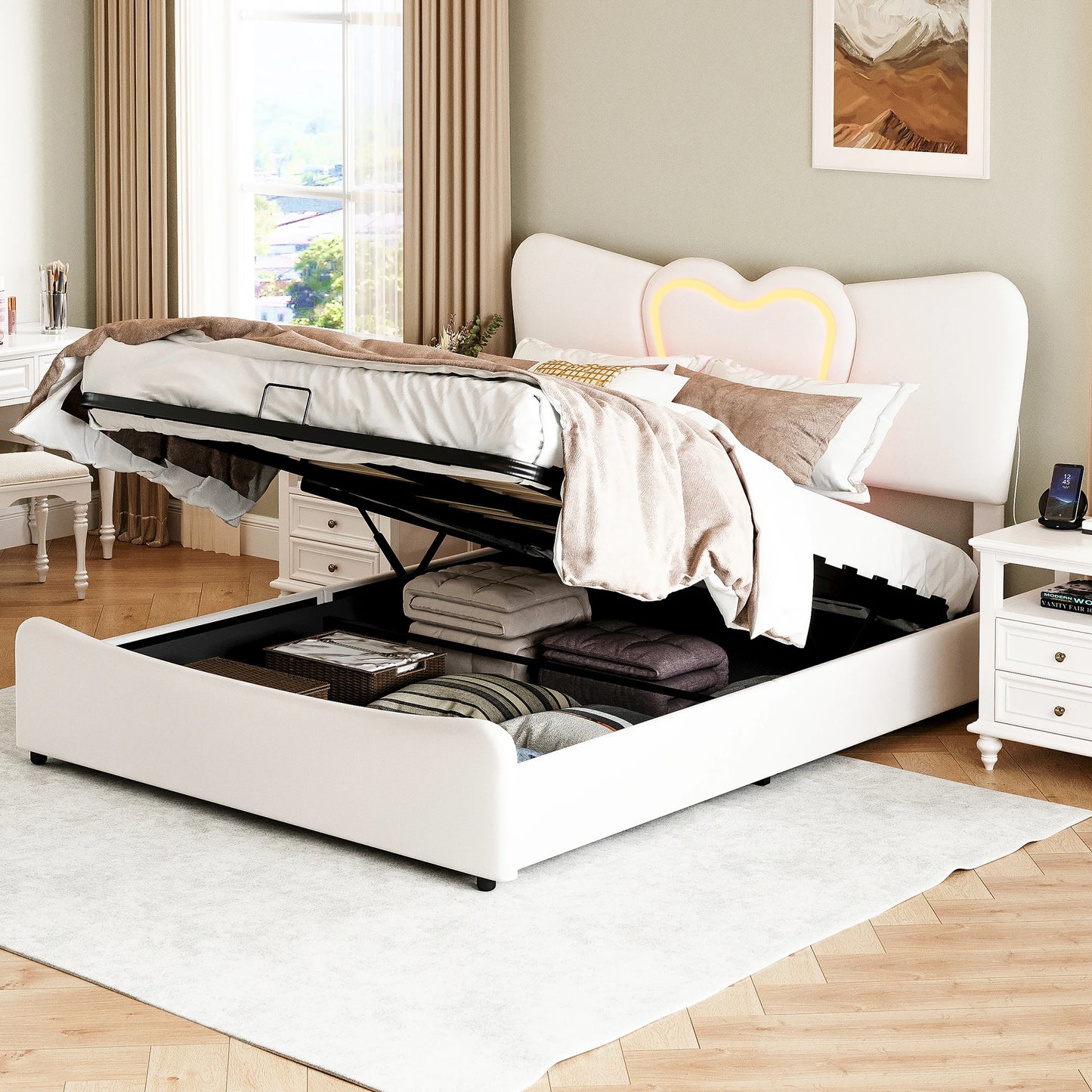 Doppelbett 140x200, LED Stauraumbett mit Lattenrost, Hydraulisch Polsterbett aus Kopfteil Höhenverstellbar, Herzform Kopfteil