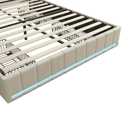 Rosahqnda Modern Double Bed with Drawers,Sockets,Led,Solid Metal,Headboard and Bed Frame with Storage,Teen Bed,Linen,Dark Grey