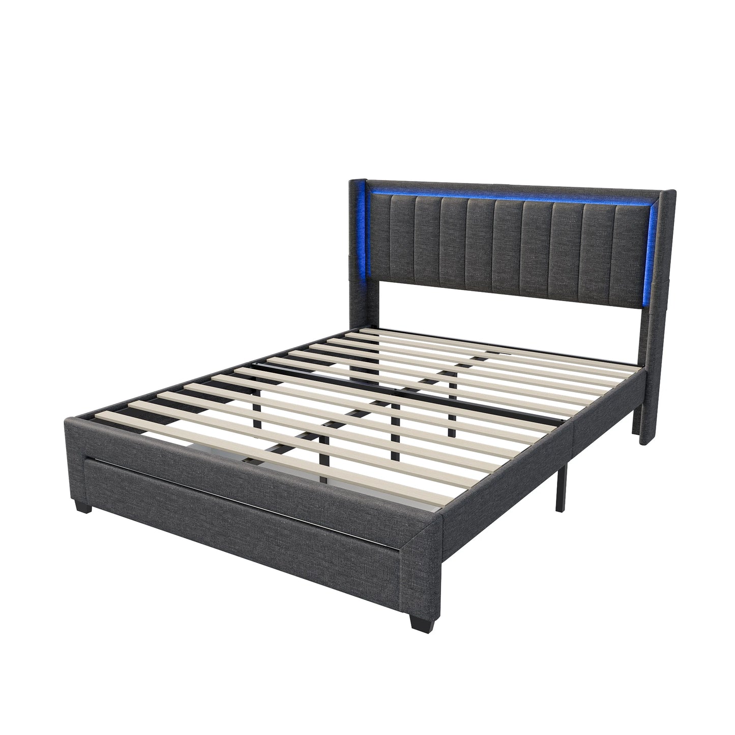 Rosahqnda Gepolsterter Bettrahmen mit LED, USB, Schubladen, Leinen Plattformbett 140-160-180×200cm,Jugendwohnungsbett,Gästebett