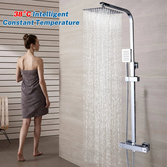 8 Inch Thermostatic Shower Set All Copper, Anti-Scald 38°C with Overhead & Handheld Sprayer, Adjustable Height for Bathroom