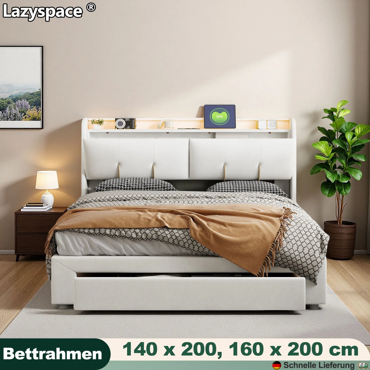 Lazy space Samt gepolsterter Bett rahmen mit RGB-Licht, USB-Anschluss Kopfteil, hydraulische Aufbewahrung sbett box, Doppelbett 140/x cm