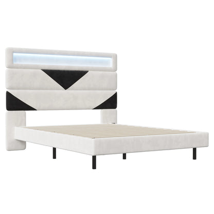 Doppelbett 160x200 cm, mit zwei USB-Ladeanschlüssen und LED-Lichtleiste, dreieckiges Kopfteil, verstellbare Holzplatte, Samt