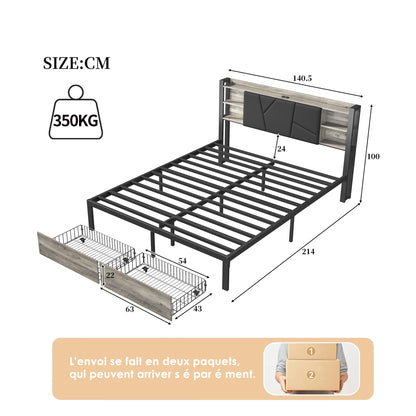 ROSAHQNDA Modernes Polsterbett mit Schubladen, LED-Doppelbettrahmen aus PU-Leder und Eisen mit USB-Ladeanschluss, ohne Matratze