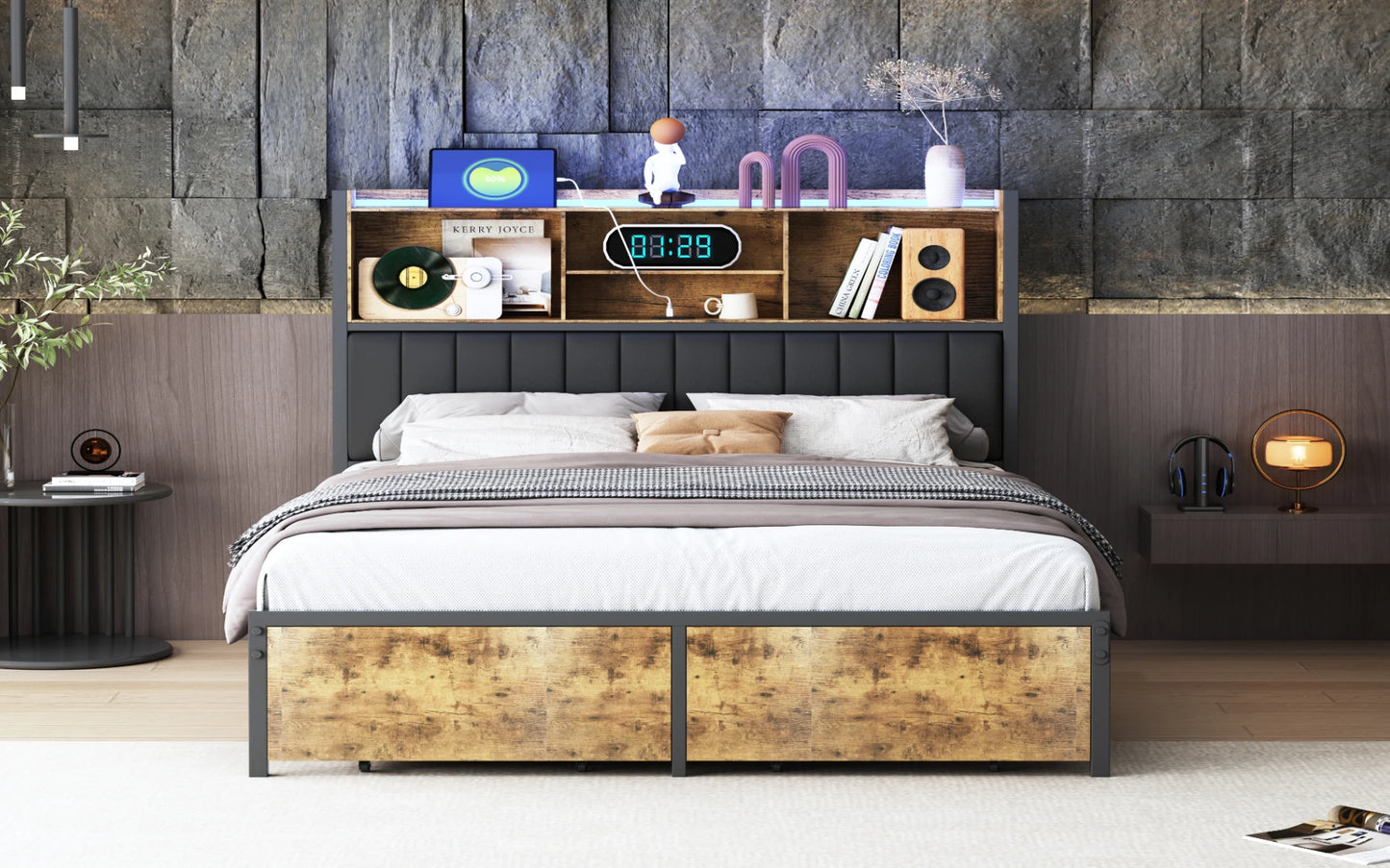 Rosahqnda Doppelbett aus Eisen, Rahmen mit LED, USB und Schubladen, gepolstertes Bett, 140–160–180 x 200 cm, Stauraum, Kopfteil, Jugendbett, PU, Schwarz