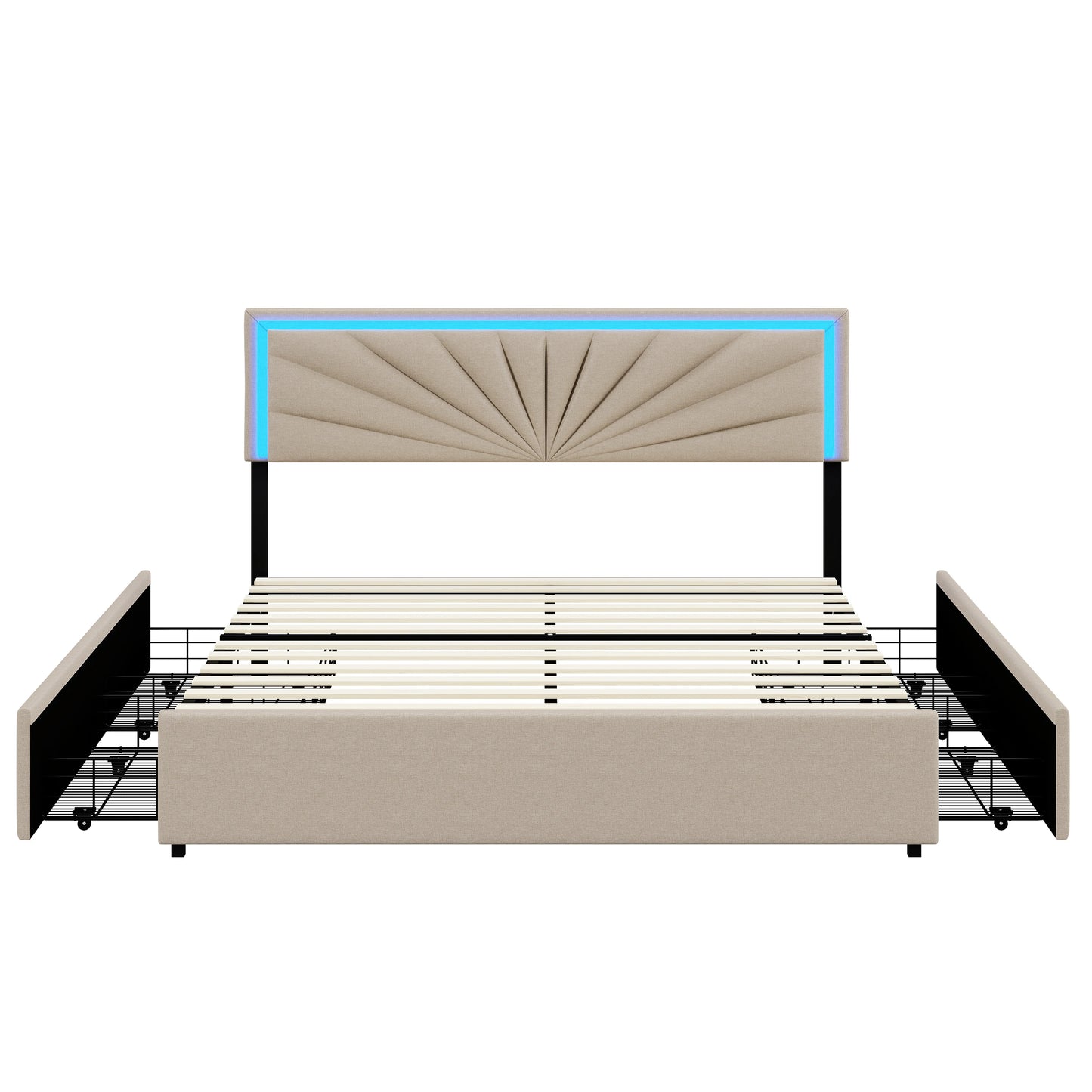 Rosahqnda Gepolstertes Doppelbett 140-160 x 200 cm mit 4 Schubladen und LED, Stauraumbett, Gästebett, Apartmentbett, Leinen