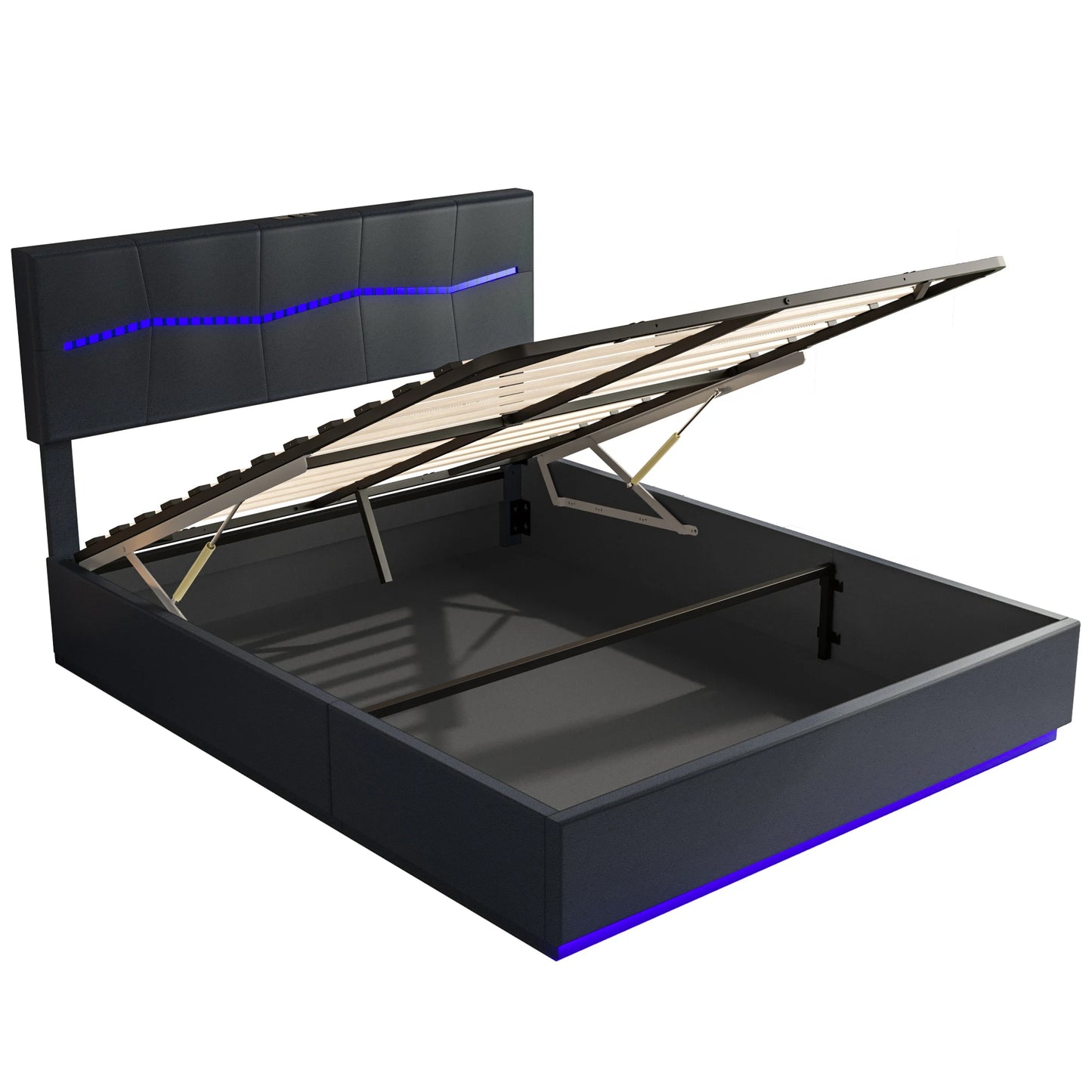 Rosahqnda Doppelbettgestell 140-160-180*200cm Polsterbett mit LED & USB & viel Stauraum, Jugendgästebett, PU, Beige/Schwarz