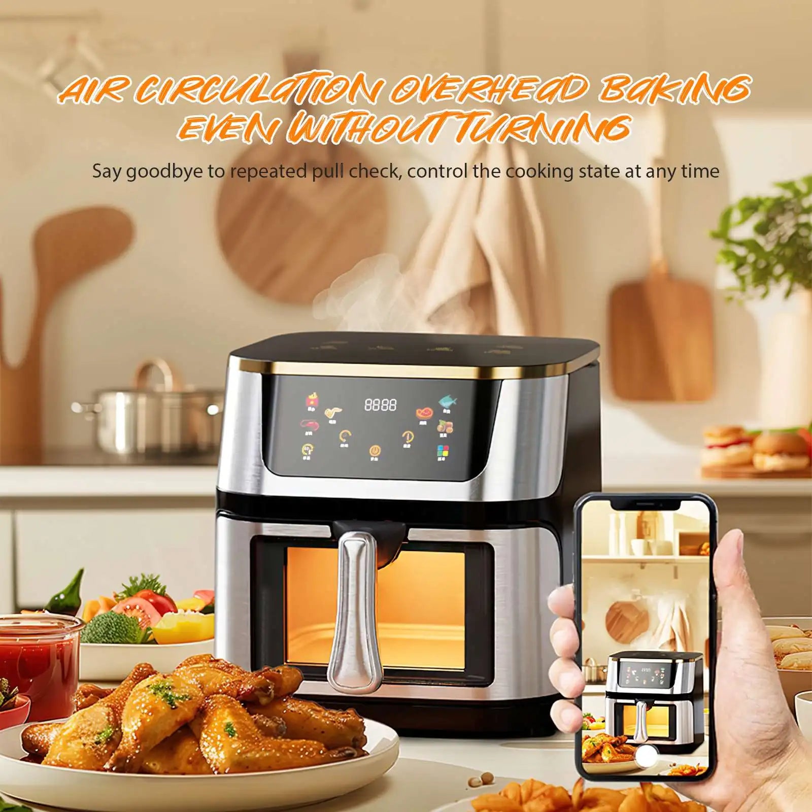 1400W 8L Air Fryer Stainless Steel Visible wide Capacity Electric Oven Touch glass Multifunctional Electric Fryer.