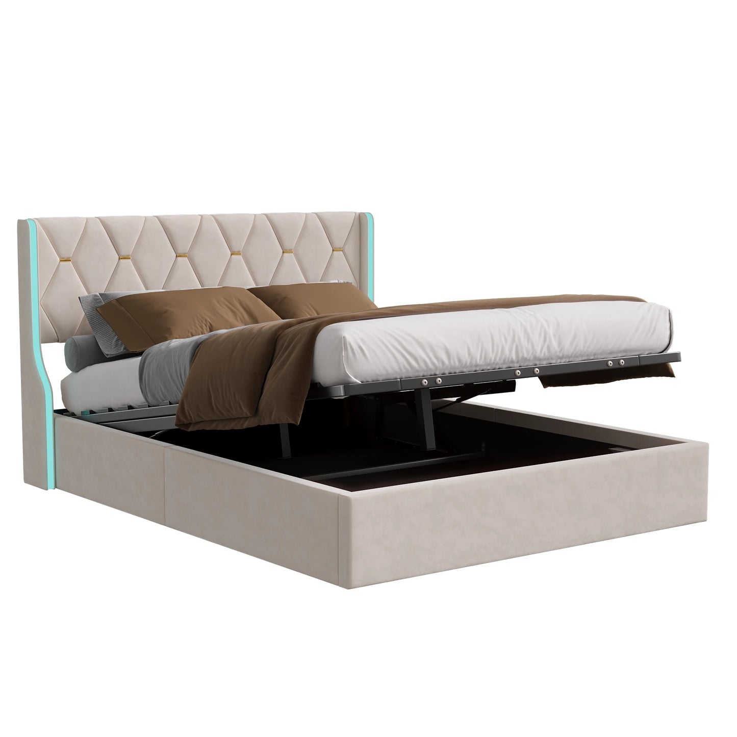 Polsterbett Doppelbett 140x200 cm, Bett mit Stauraum und Lattenrost, Bett mit LED, Stauraumbett mit Bettkasten und Kopfteil