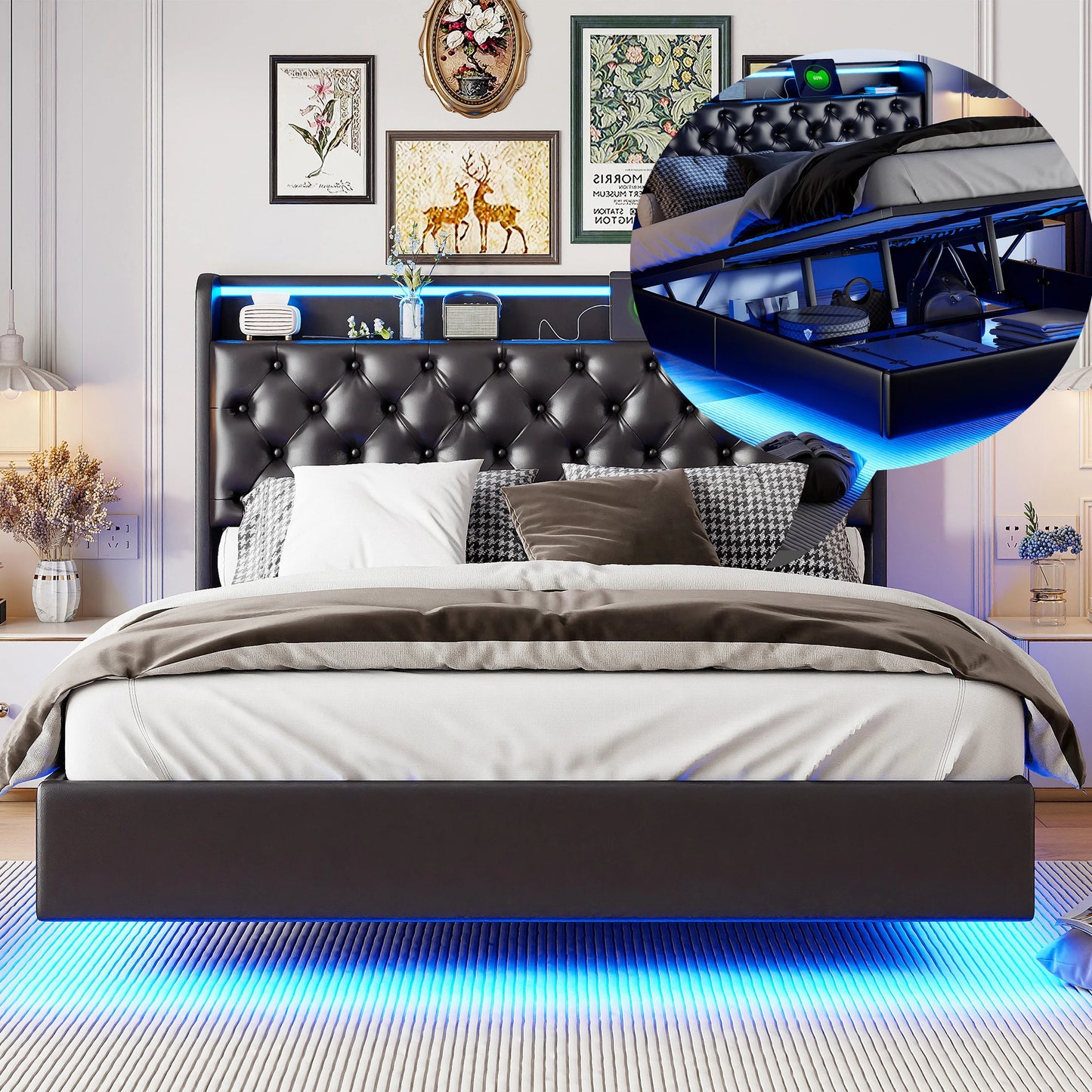 Polsterdoppelbett 140 x 200 cm mit Kopfteil, Bett mit Lattenrost aus Metallrahmen, PU Betten mit großem Stauraum, hydraulischer