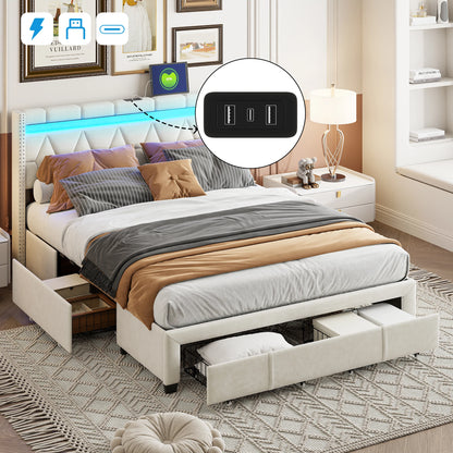 Comanlai Polsterbett, 160 x 200 cm, mit LED-Kopfteil und USB, mit 4 Schubladen, ohne Matratze, Leinenbeige