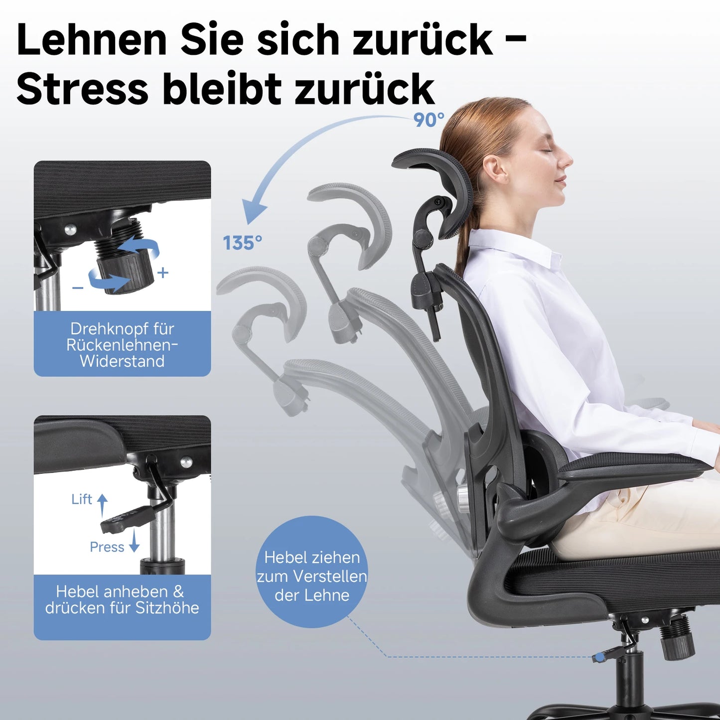 COMHOMA Bürostuhl Ergonomisch, Schreibtischstuhl mit 3D Kopfstütze und Lendenwirbelstütze, Integriertes Kleiderhaken-Design