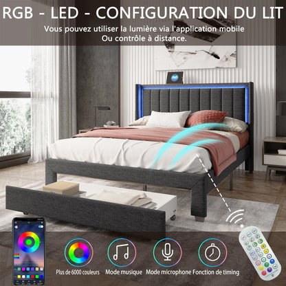 Rosahqnda Gepolsterter Bettrahmen mit LED, USB, Schubladen, Leinen Plattformbett 140-160-180×200cm,Jugendwohnungsbett,Gästebett