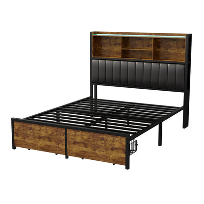 Rosahqnda Doppelbett aus Eisen, Rahmen mit LED, USB und Schubladen, gepolstertes Bett, 140–160–180 x 200 cm, Stauraum, Kopfteil, Jugendbett, PU, Schwarz