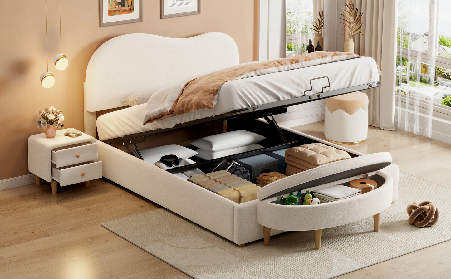 Rosahqnda Komplettschlafzimmer Set,Polsterbett + Bettbänke ,Hydraulisch Doppelbett, Verstellbares Kopfteil