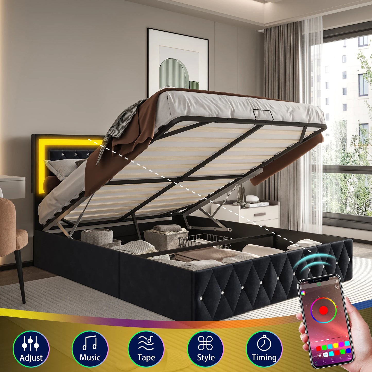 Rosahqnda gepolstertes Doppelbett 140 x 200 cm mit LED-Beleuchtung, hydraulischem Stauraumbett und Lattenrost, Funktionsbetten, Samt