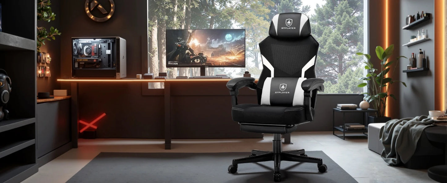 GTPLAYER Gaming Stuhl mit Fußstütze, ergonomischer Bürostuhl mit Netzrückenlehne, Schreibtischstuhl Gaming Sessel aus Stoff