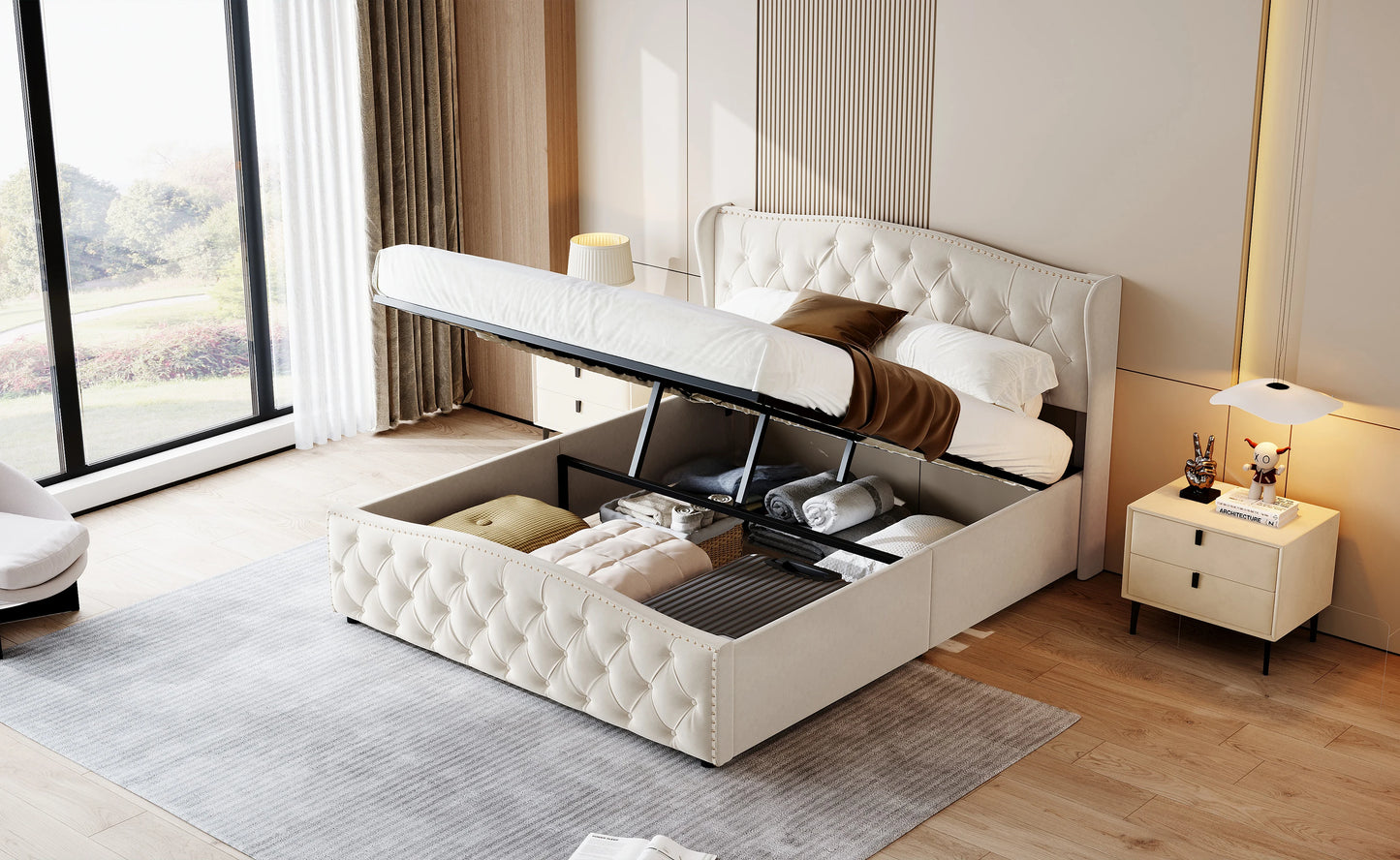 Rosahqnda Gepolstertes Doppelbett 140-160*200cm mit hydraulischem Stauraumbett Gästebett Jugendzimmer Apartmentbett Flanell