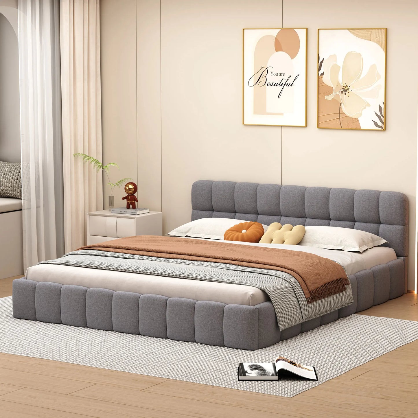 Rosahqnda Polsterbett  Standdoppelbett mit weicher Rückenlehne, Flachbett mit Polsterrand,  Lattenrost，Leinen, ohne Matratze