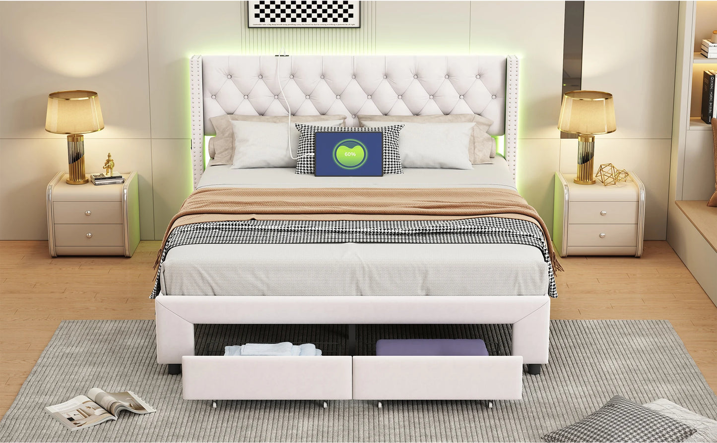 Rosahqnda Modernes Doppelbettgestell, 140 x 190 cm, Bett mit Stauraum, 160–180 x 200 cm, mit LED, USB und 2 Schubladen, Teenagerbett, Gästebett, Samtbeige